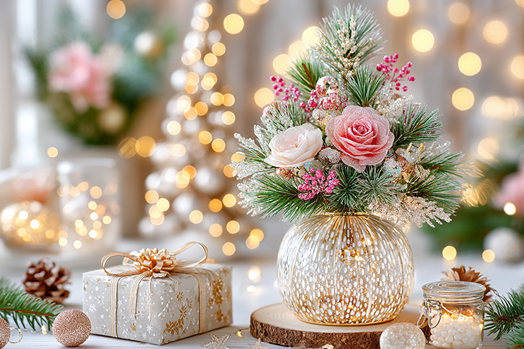 Cozy Christmas decor with glowing lights. High quality photo