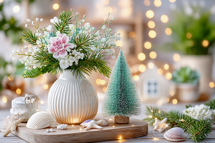 Cozy Christmas decor with glowing lights. High quality photo