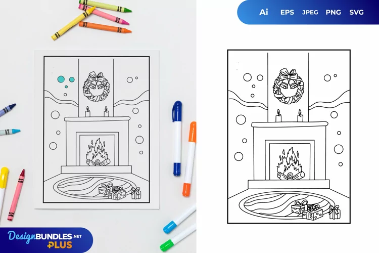 Fireplace and Wreath in The Christmas Coloring Page