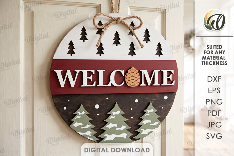 Christmas Round Sign Lasercut. Welcome SIgn. Door Hanger SVG example image 1