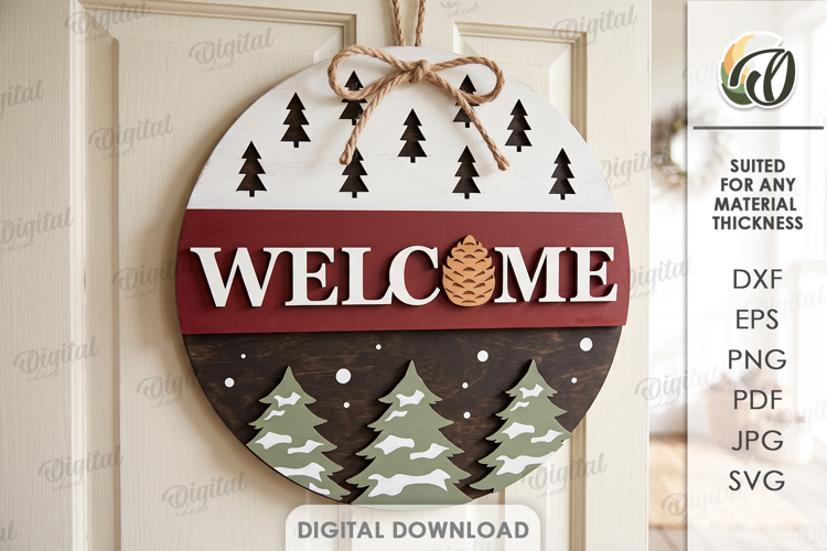 Christmas Round Sign Lasercut. Welcome SIgn. Door Hanger SVG