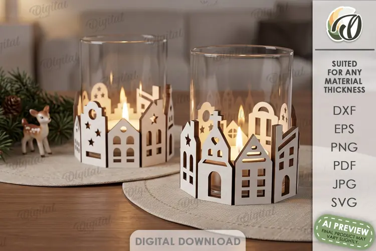 Christmas Village Candle Wrap Laser Cut. Christmas Decor SVG