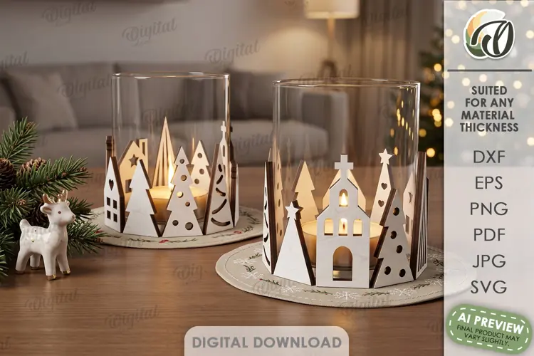 Christmas Village Candle Wrap Laser Cut. Christmas Decor SVG