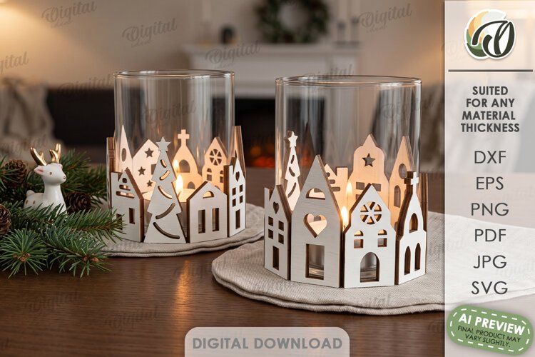 Christmas Village Candle Wrap Laser Cut. Christmas Decor SVG example image 1