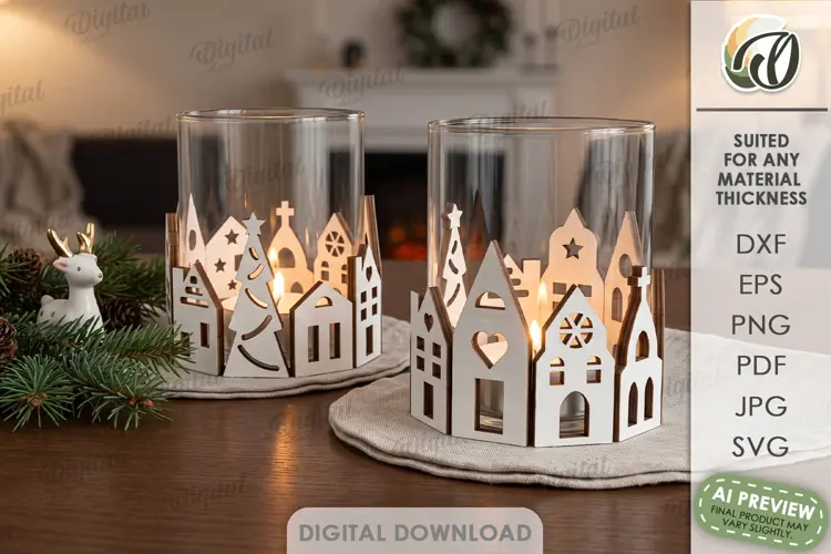Christmas Village Candle Wrap Laser Cut. Christmas Decor SVG