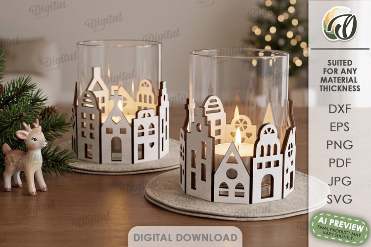 Christmas Village Candle Wrap Laser Cut. Christmas Decor SVG example image 1