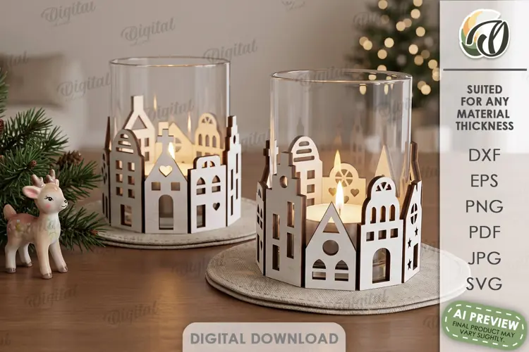 Christmas Village Candle Wrap Laser Cut. Christmas Decor SVG