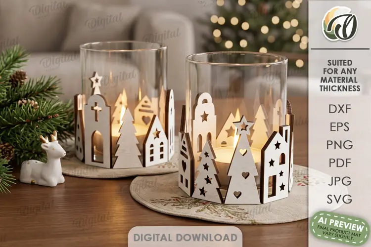 Christmas Village Candle Wrap Laser Cut. Christmas Decor SVG