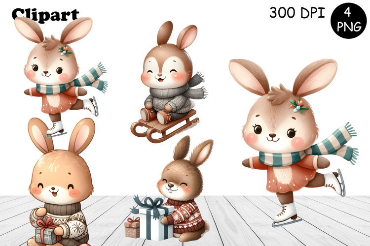 Christmas bunny animals winter Watercolor Clipart
