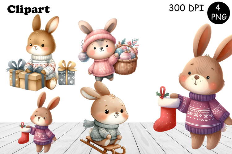 Christmas bunny animals winter Watercolor Clipart
