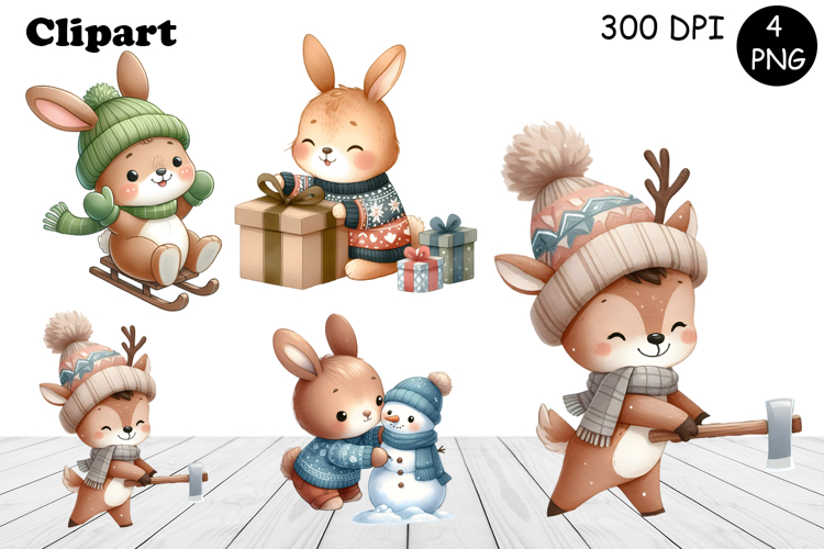 Christmas bunny animals winter Watercolor Clipart