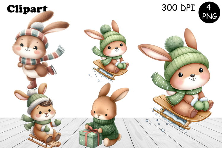 Christmas bunny animals winter Watercolor Clipart