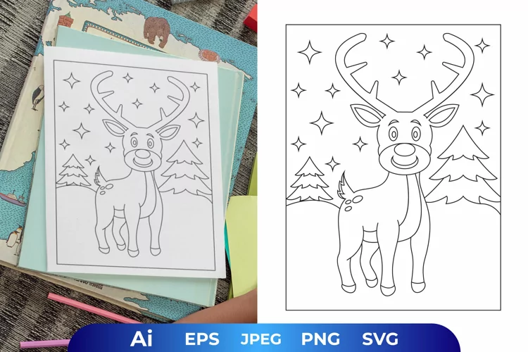 Smiling Deer in The Snowy Hill Coloring Page