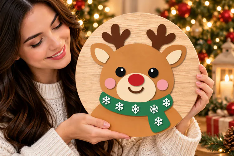 Christmas Deer Door Hanger SVG, Laser Cut Wood Sign