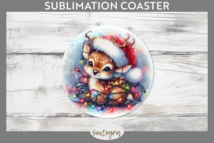 Christmas Deer Entangled in Lights Round Coaster Sublimation