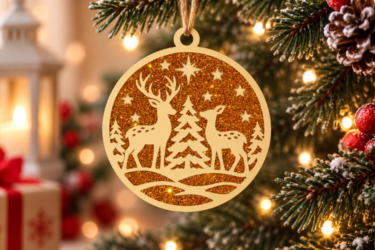 Christmas Deer Gold Glitter Layered Ornament SVG File