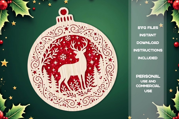 Christmas Deer Ornament SVG Laser Cut Wooden Bauble Design