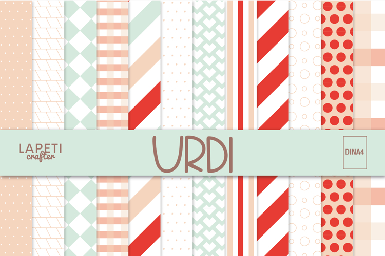 Set of 12 Christmas digital papers with geometric patterns in red, mint, and beige tones, perfect for festive scrapbooking and card making.