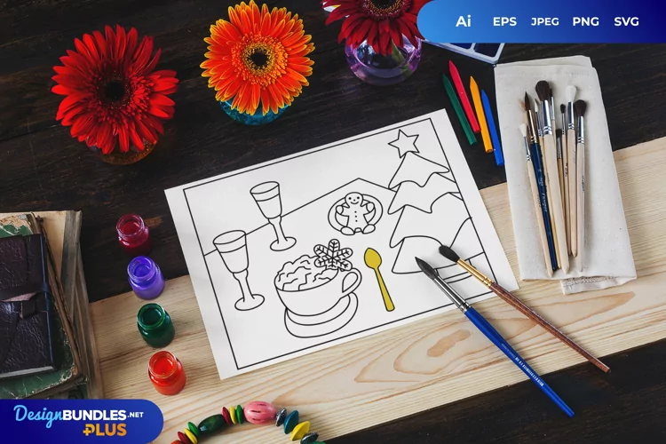 Christmas Table with Food and Drinks Coloring Page