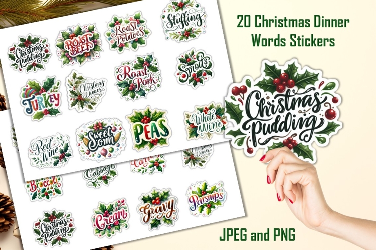 20 Christmas Dinner Words Stickers JPEG and PNGs