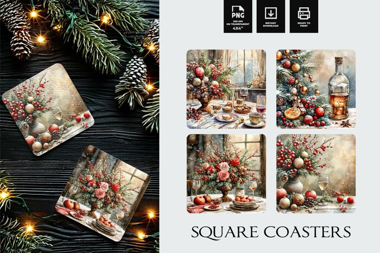 Vintage Watercolor Christmas Square Coasters Design example image 1