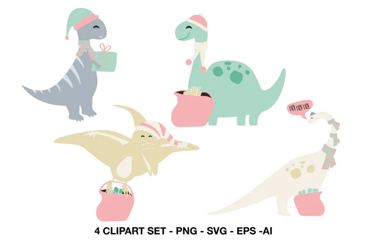 Cute Christmas Dinosaur Clipart with Gifts and Holiday Cheer