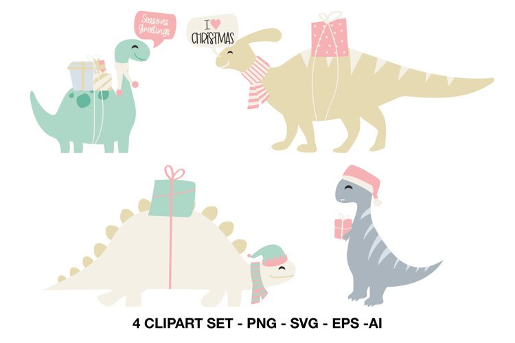 Cute Christmas dinosaur illustrations wearing festive hats and scarves with colorful holiday gifts.