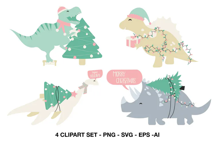Cute Christmas Dinosaur Clipart with Trees, Lights and Gifts