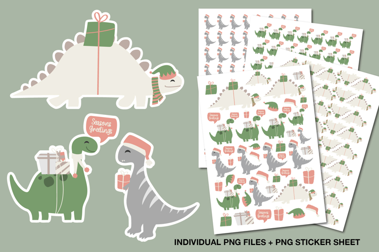 Christmas Dinosaur Stickers, Festive Sticker Sheet for Kids