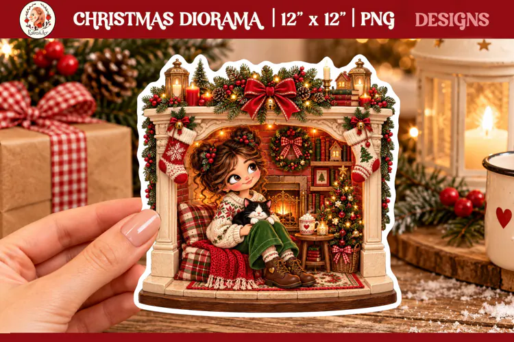 Cozy Christmas miniature diorama PNG