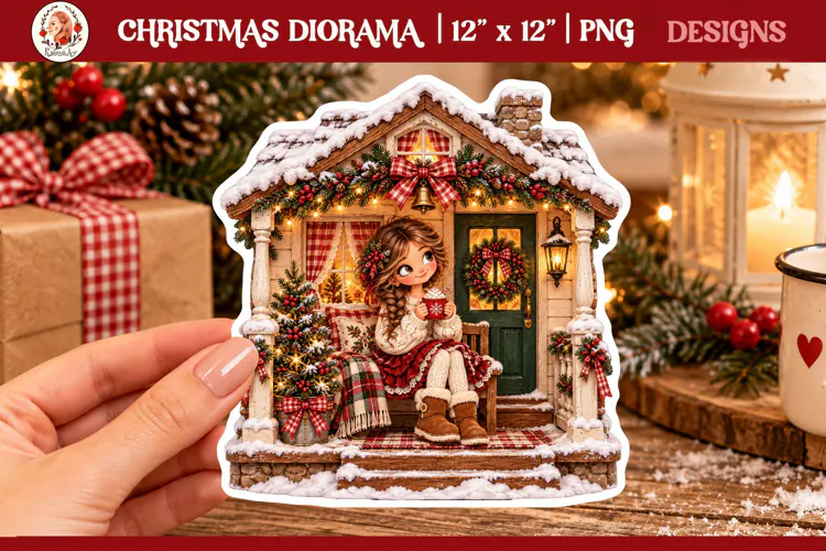 Cozy Christmas miniature diorama PNG