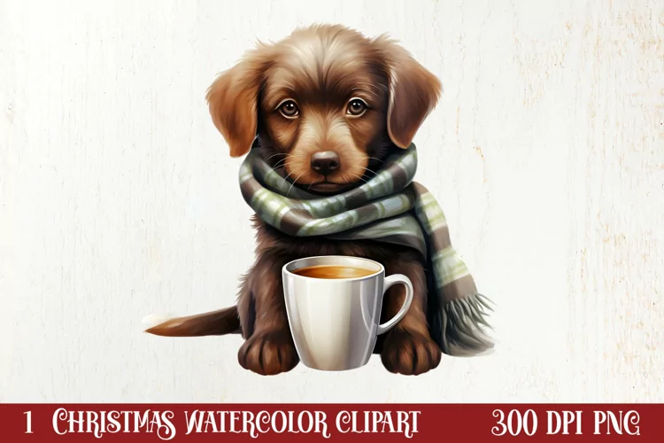 Christmas Dog And Coffee Clipart, Christmas Clipart