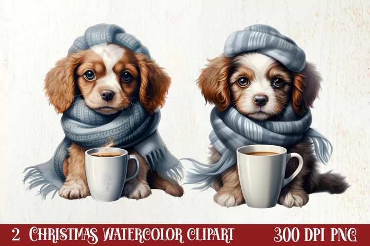 Christmas Dog And Coffee Clipart, Christmas Clipart