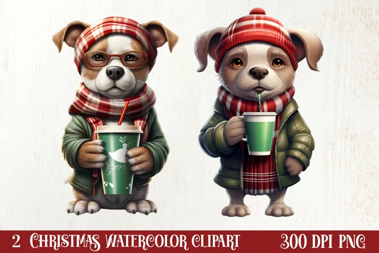 Christmas Dog And Coffee Clipart, Christmas Clipart