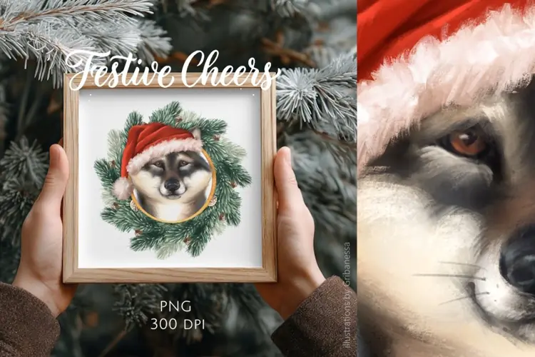 Christmas Dog in Pine Wreath PNG