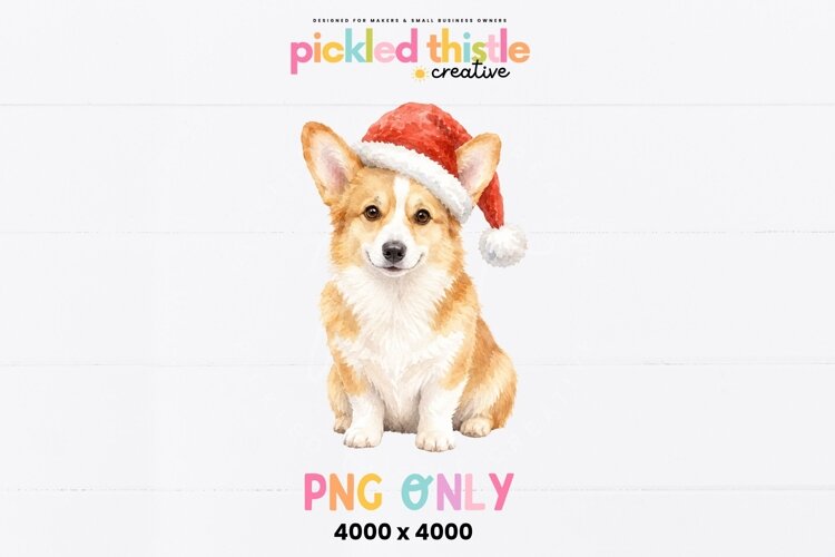Christmas corgi PNG with a cheerful watercolor dog illustration, warm golden fur, white chest and festive red Santa hat.