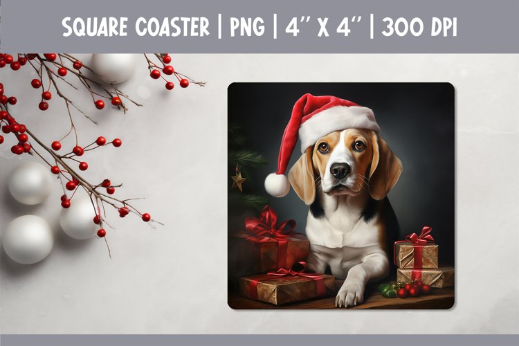 Christmas Dog Square Coaster Sublimation Design| Beagle PNG