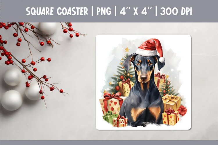Christmas Dog Square Coaster Sublimation Design| Doberman