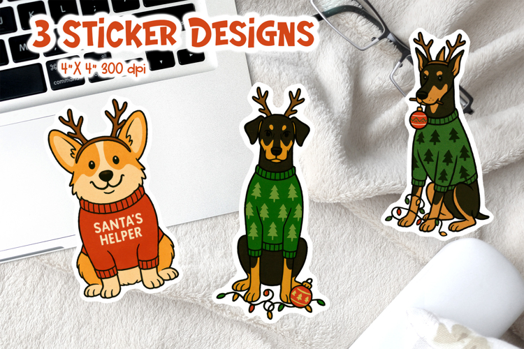 Christmas Dog Vintage Stickers | Corgi Rottweiler Doberman