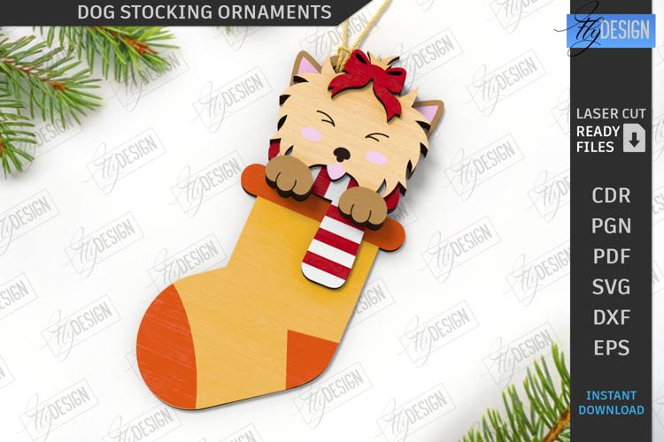 Christmas Dog Stocking Ornament Laser Cut | Layered Tree Toy