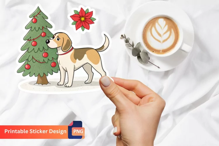 Christmas Dog With Tree and Flower Sticker,Christmas Sticker