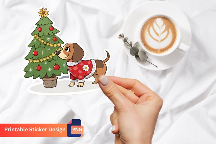Christmas Dog With Tree and Flower Sticker,Christmas Sticker