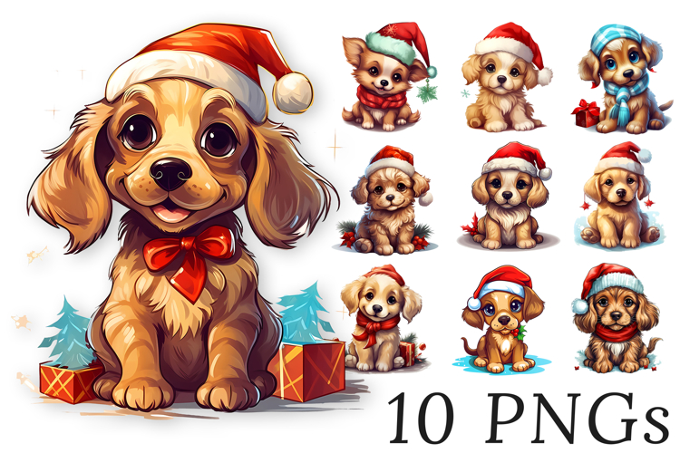 Cute Christmas Dogs Clipart Bundle: 10 Funny Transparent PNG