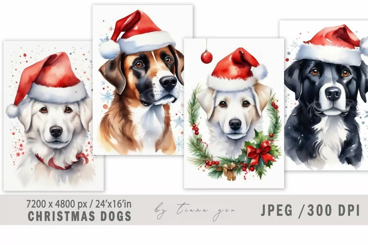 Cute Christmas dog illustrations for prints- 4 JPEG files