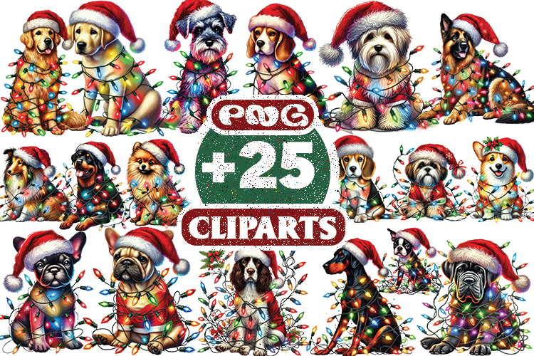 Christmas Dogs Wrapped in Lights Clipart PNG