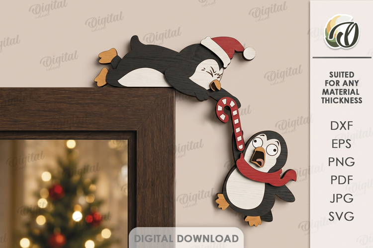 Christmas Door Corner Lasercut. Penguins Door Trim Decor SVG