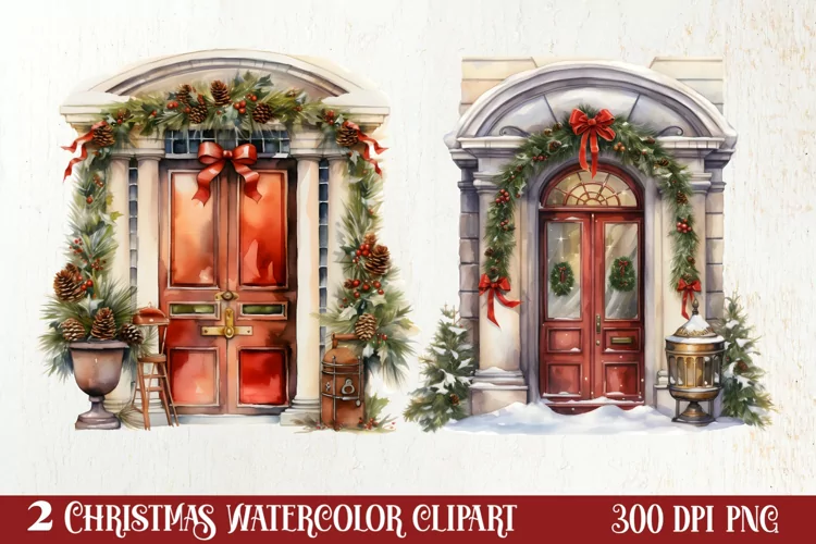 Christmas Door Watercolor Clipart, Christmas Door PNG