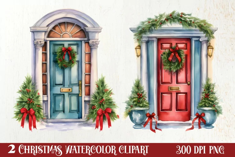 Christmas Door Watercolor Clipart, Christmas Door PNG