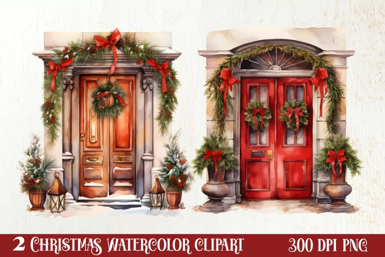 Christmas Door Watercolor Clipart, Christmas Door PNG