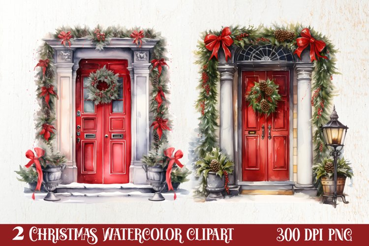 Christmas Door Watercolor Clipart, Christmas Door PNG